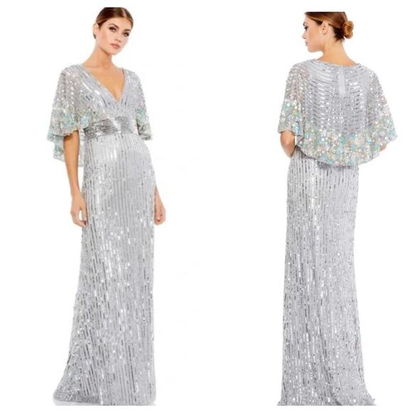 Mac Duggal 5221 Sequins Floral Embellished Cape Sleeves Platinum Gown 12 NWT - Picture 1 of 11